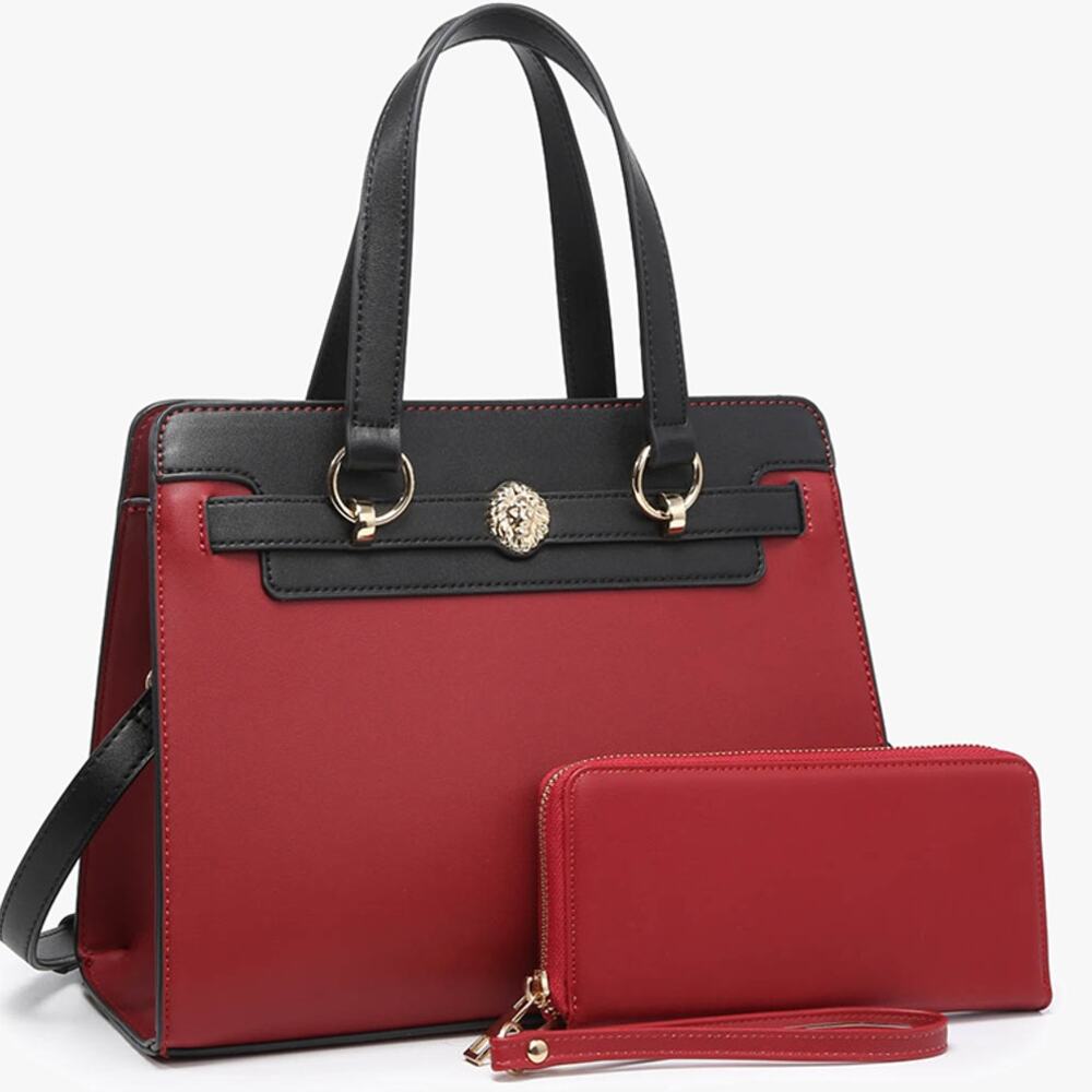 Lexie Two-Tone Vegan Leather Satchel Bag with Wallet in Wine